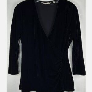 Soft Surroundings Black Velvet Faux Wrap Blouse Womens M Long Sleeve Deep V Neck